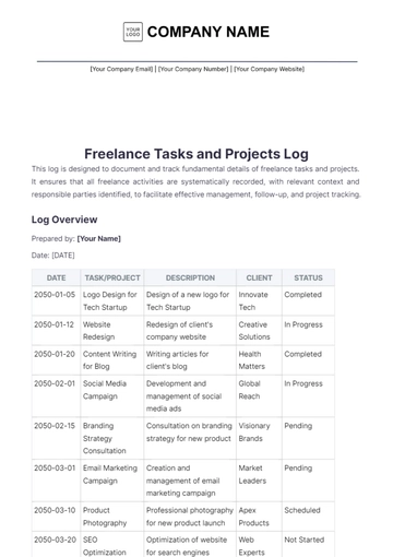 Free Freelance Action Log Template to Edit Online