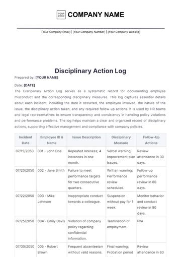 Free Disciplinary Action Log Template to Edit Online