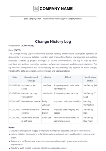 Free Change History Log Template to Edit Online