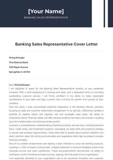 Free Banking Sales Representative Cover Letter to Edit Online