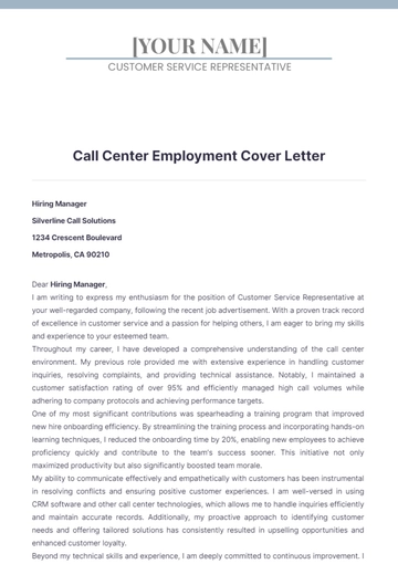 Free Call Center Employment Cover Letter to Edit Online
