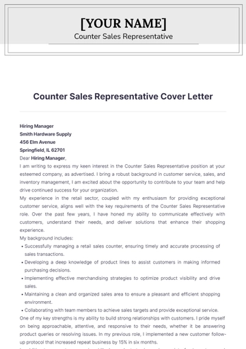 Free Counter Sales Representative Cover Letter to Edit Online