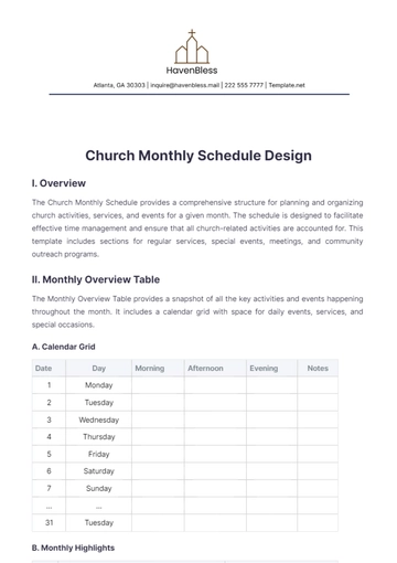 Free Church Monthly Schedule Design??Template to Edit Online