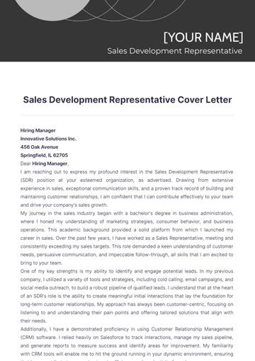 Free Sales Development Representative Cover Letter to Edit Online