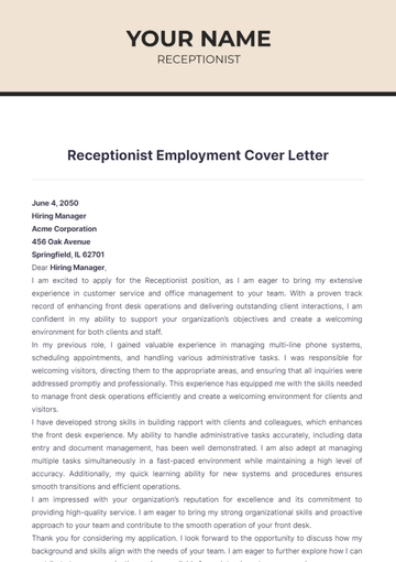 Free Receptionist Employment Cover Letter to Edit Online