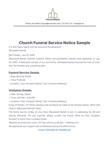 Free Church Funeral Service Notice Sample??Template to Edit Online