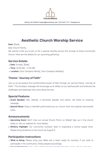 Free Aesthetic Church Worship Service Notice Template to Edit Online