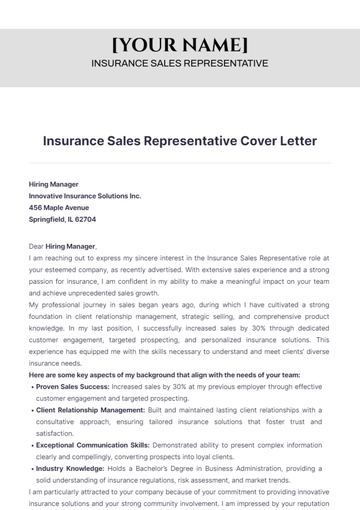 Free Insurance Sales Representative Cover Letter to Edit Online