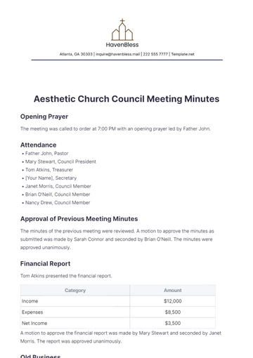 Free Aesthetic Church Council Meeting Minute Template to Edit Online