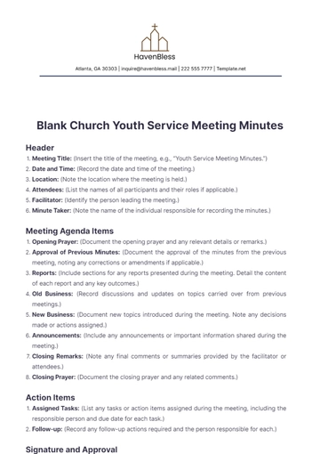 Free Blank Church Youth Service Meeting Minute Template to Edit Online
