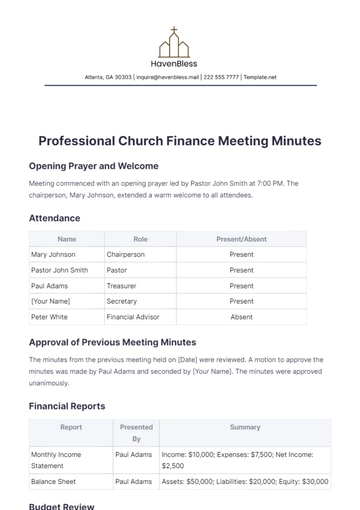 Free Professional Church Finance Meeting Minute Template to Edit Online