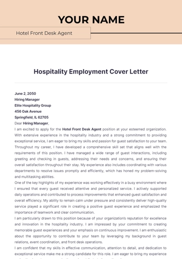 Free Hospitality Employment Cover Letter to Edit Online