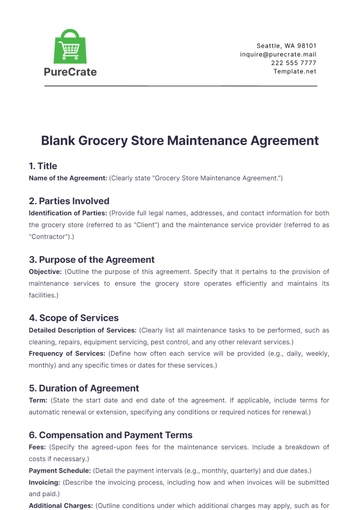 Free Blank Grocery Store Maintenance Agreement Template to Edit Online