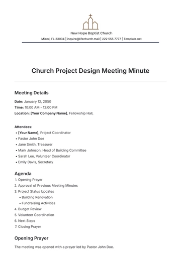 Free Church Project Design Meeting Minute Template to Edit Online