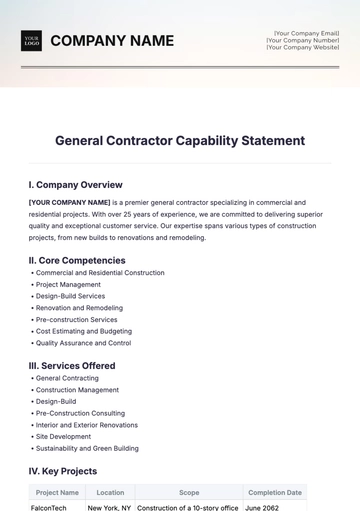 Free General Contractor Capability Statement Template to Edit Online