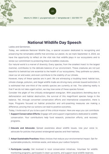 Free National Wildlife Day Speech Template to Edit Online