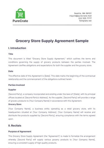 Free Grocery Store Supply Agreement Sample Template to Edit Online