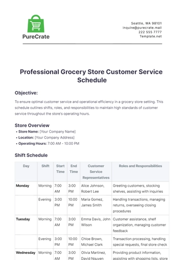 Free Professional Grocery Store Customer Service Schedule Template to Edit Online