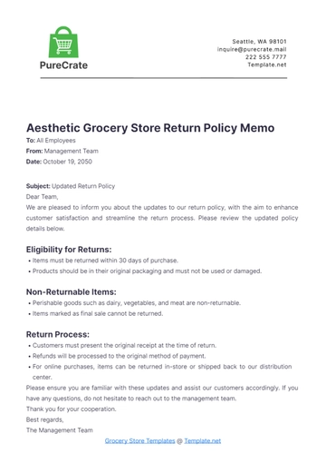 Free Aesthetic Grocery Store Return Policy Memo Template to Edit Online