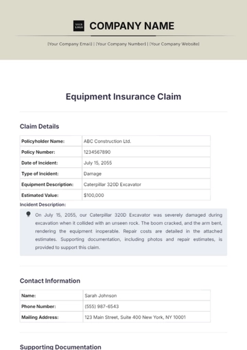 Free Equipment Insurance Claim Template to Edit Online