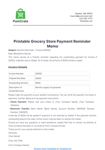 Free Printable Grocery Store Payment Reminder Memo Template to Edit Online