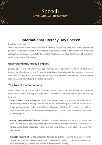 Free International Literacy Day Speech Template to Edit Online