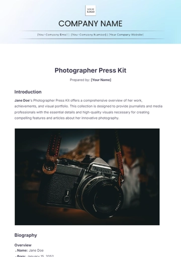 Free Photographer Press Kit Template to Edit Online