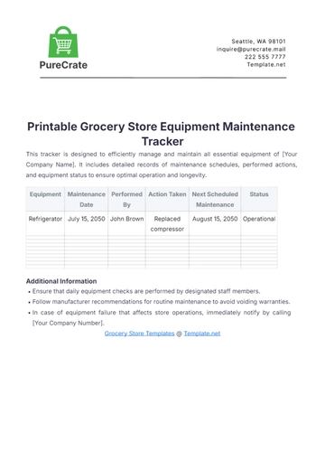 Free Printable Grocery Store Equipment Maintenance Tracker Template to Edit Online