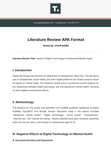 Free Literature Review APA Format Template to Edit Online