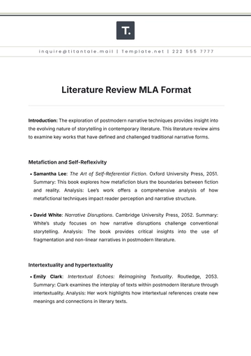 Free Literature Review MLA Format Template to Edit Online