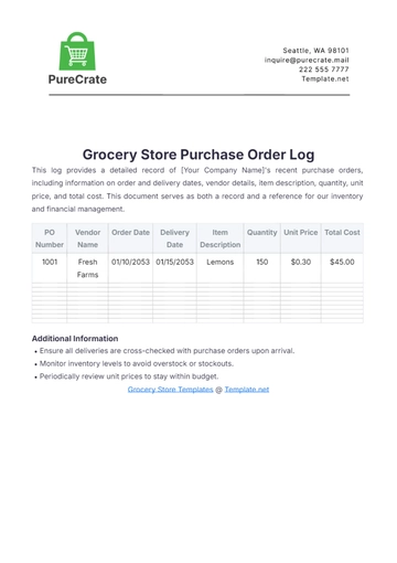 Free Grocery Store Purchase Order Log Template to Edit Online