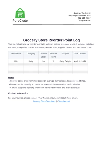 Free Grocery Store Reorder Point Log Template to Edit Online