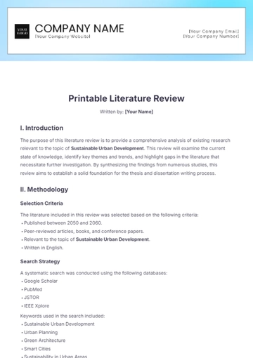 Free Printable Literature Review Template to Edit Online