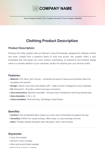 Free Clothing Product Description Template to Edit Online