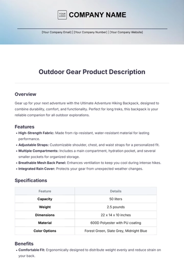 Free Outdoor Gear Product Description Template to Edit Online