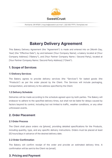Free Bakery Delivery Agreement Template to Edit Online