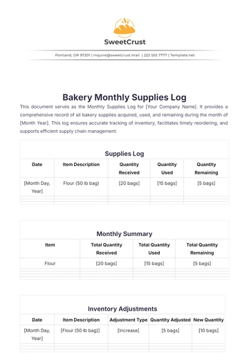 Free Bakery Monthly Supplies Log Template to Edit Online