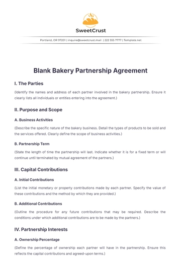 Free Blank Bakery Partnership Agreement Template to Edit Online