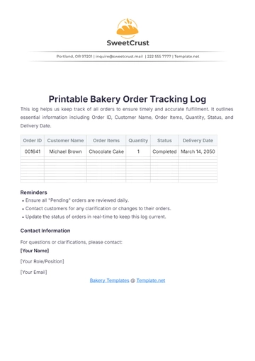 Free Printable Bakery Order Tracking Log Template to Edit Online