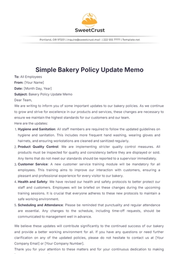 Free Simple Bakery Policy Update Memo Template to Edit Online
