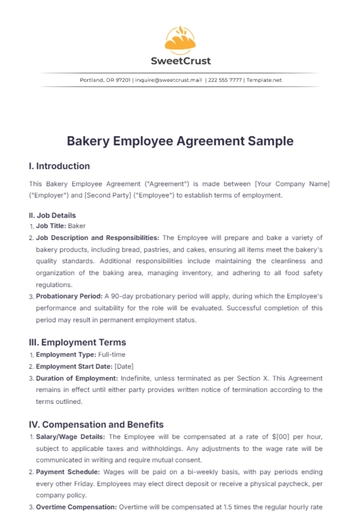 Free Bakery Employee Agreement Sample Template to Edit Online