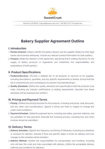 Free Bakery Supplier Agreement Outline Template to Edit Online