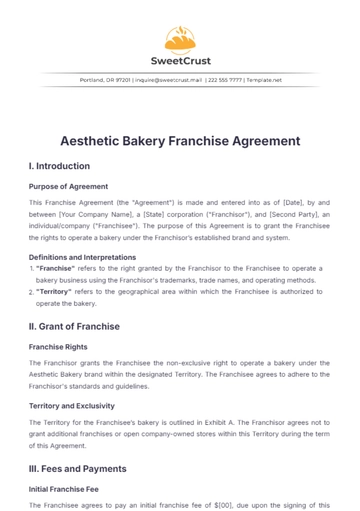 Free Aesthetic Bakery Franchise Agreement Template to Edit Online