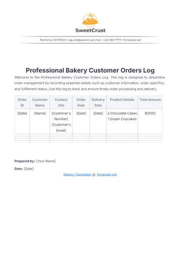 Free Professional Bakery Customer Orders Log Template to Edit Online