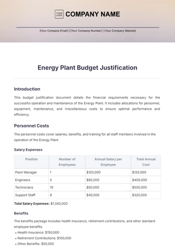Free Energy Plant  Budget Justification Template to Edit Online
