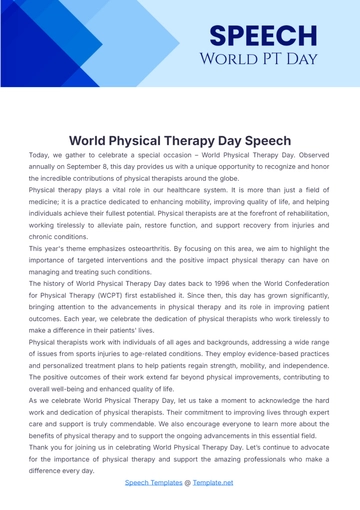 Free World Physical Therapy Day Speech Template to Edit Online