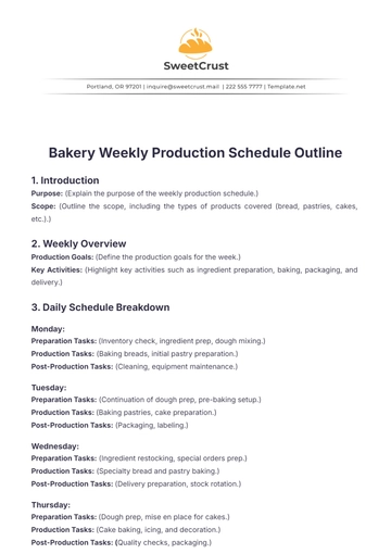 Free Bakery Weekly Production Schedule Outline Template to Edit Online