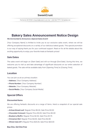 Free Bakery Sales Announcement Notice Design Template to Edit Online
