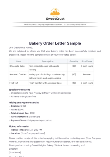 Free Bakery Order Letter Sample Template to Edit Online