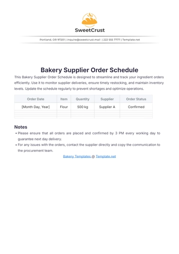 Free Bakery Supplier Order Schedule Template to Edit Online